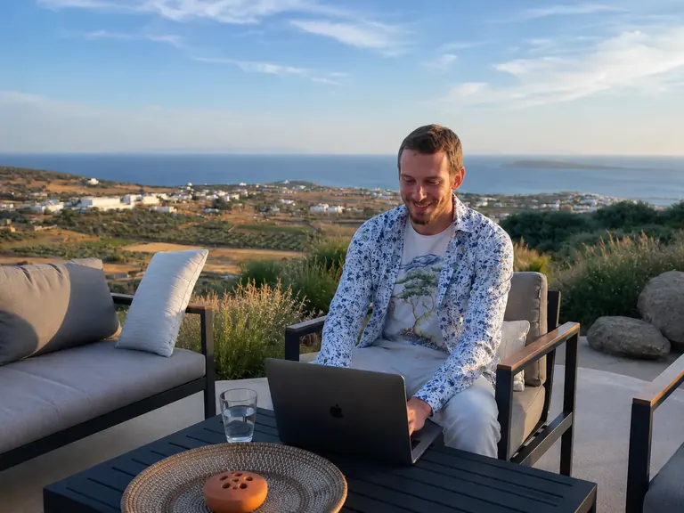 Wolfgang Tanzmeister bei der Arbeit am Laptop mit Blick aufs Meer